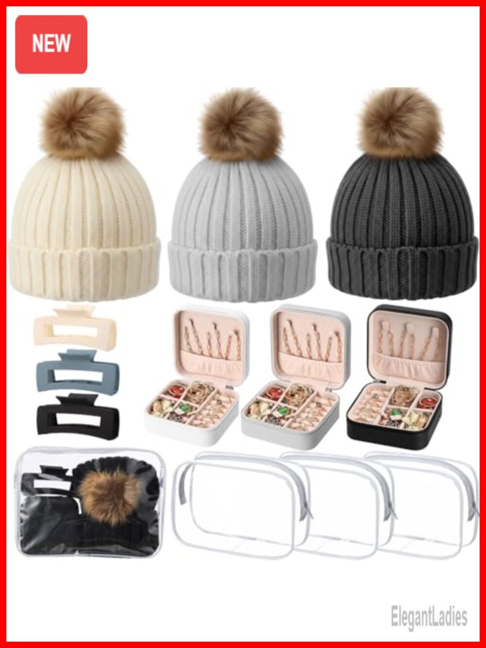 Winter Beanie Hat Gift Set with Pom Pom, Knit Hats, Hair Claw Clips, Clear